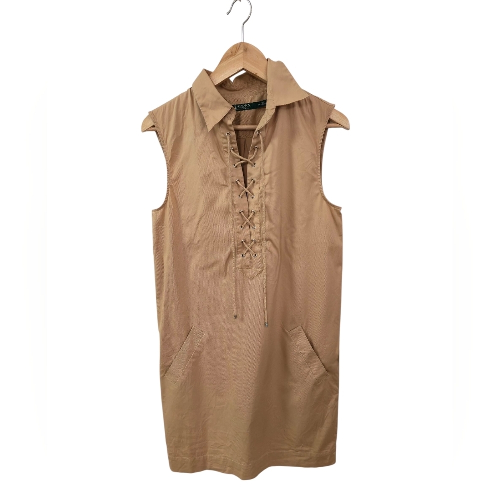 Lauren Ralph Lauren Sleevless Shift Dress Lace Up Neckline Pockets Tan SZ Small